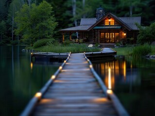 Fototapeta premium Lakeside cabin with a dock, serene and inviting, Nature, Soft greens, Photograph, Peaceful retreat