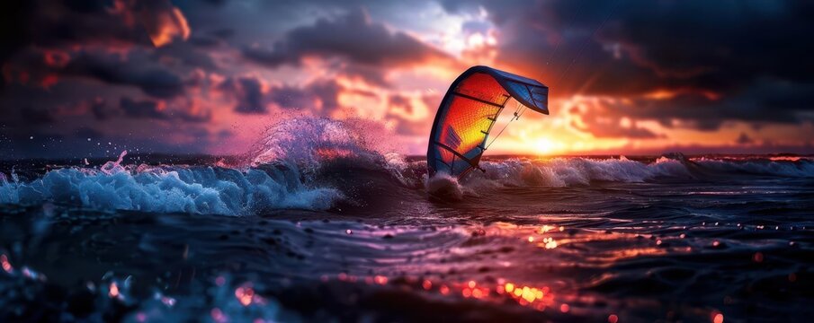 Kite surfing on a windy day, dynamic and thrilling, Coastal, Cool tones, Photograph, Water sport