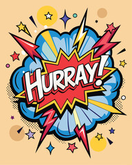Fototapeta premium Vector Template in Comic Book-Style Illustration Featuring 'Hurray!' in Speech Bubbles, Thunder Sign, and Bold Colors, Ideal for Retail and Online Shop Promotions
