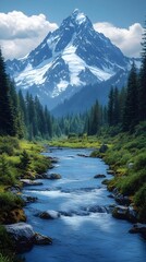 Fototapeta premium A serene river winds its way through a lush valley, with a snow-capped mountain towering in the background.