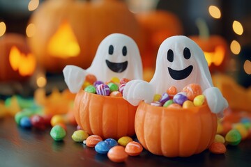 Playful Spirits, cheerful ghosts joyfully clutching colorful candy, embodying the festive spirit of Halloween with a whimsical charm.