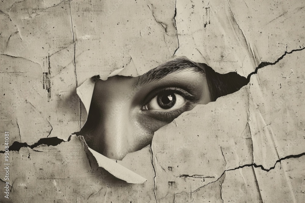 Poster a person peering through a hole in a wall, possibly searching for something or checking the area