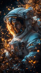 Fototapeta premium Astronaut in a cosmic scene, surrounded by ethereal light and energy, perfect for science, technology, or space-themed projects.