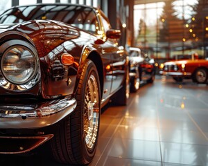 Fototapeta premium Retro cars in a classic showroom, nostalgic and stylish, Vintage, Earth tones, Photograph, Automotive history