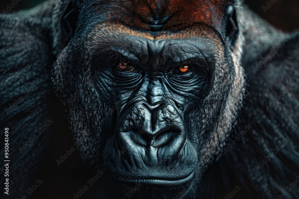 Poster A close-up view of a gorilla's face with bright red eyes, perfect for use in wildlife or conservation-themed projects