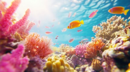 Fototapeta premium Vibrant underwater scene showcasing colorful coral reefs and tropical fish in crystal clear water, perfect for marine biology, conservation, or travel-related projects.