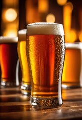 eye catching collection various beer glasses displayed stylish background featuring unique designs shapes, clear, frosted, tall, short, square, curved