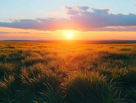 Golden sunset over a vast field of tall grass, casting long shadows and creating a warm, peaceful atmosphere.