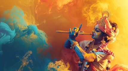 A man dressed in a colorful costume plays the flute, great for music or fantasy themed projects