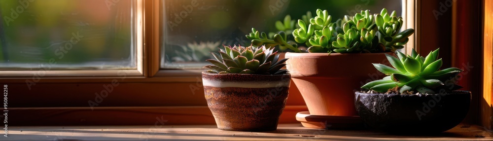 Wall mural succulent plants in a sunny window, lush and green, botanical, soft greens, photograph, indoor green