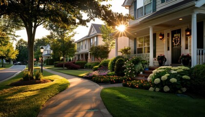 Obraz premium Suburban homes in a treelined street, peaceful and inviting, Urban, Soft greens, Photograph, Residential charm