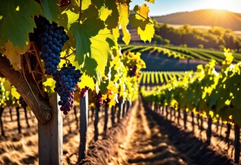 Fototapeta premium vibrant vineyard landscape showcasing lush rows colorful grape clusters under clear blue sky, abundance, agriculture, botanical, countryside, crop
