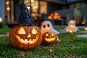 Naklejka premium Playful Spirits, a whimsical scene of friendly ghosts and witches joyfully engaging in games under a moonlit sky filled with stars.