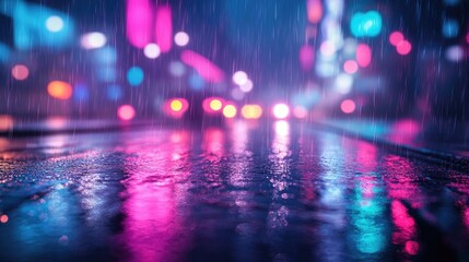 Abstract Neon Night Cityscape with Reflections on Wet Streets in the Rain