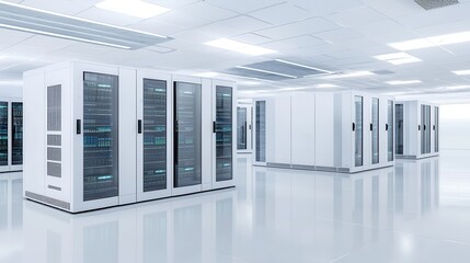 Naklejka premium Modern Server Room with Data Racks and White Ceiling