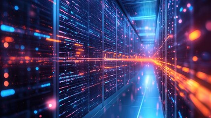 Fototapeta premium Futuristic Data Center with Digital Light Trail Symbolizing High-Speed Data Transfer and Advanced Technology