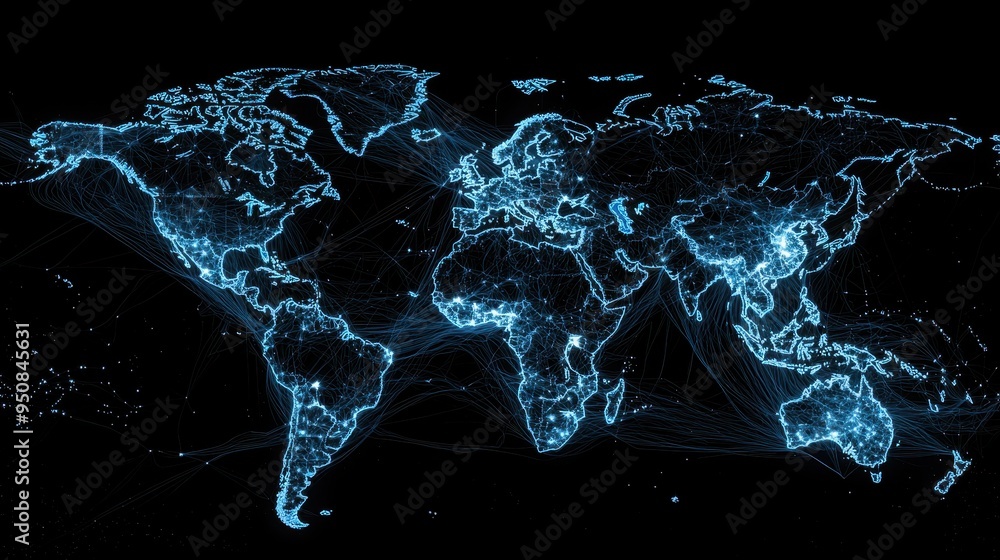Poster global network connections world map digital network technology communication internet