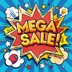 Vector Template in Comic Book-Style Illustration Featuring 'Mega Sale!' in Speech Bubbles, Thunder Sign, and Bold Colors, Perfect for Retail and Online Shop Promotions