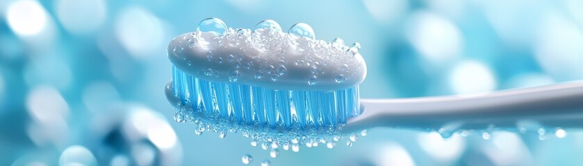 Cute 3D Illustration of Brushing Teeth in Fresh Scene on Blue Background with Copy Space - Dental Hygiene Concept