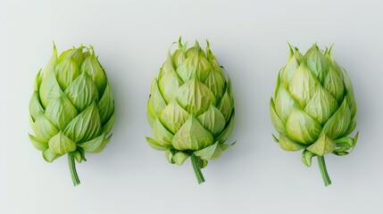 Fototapeta premium Three fresh green artichokes are arranged in a row. Their unique shapes and vibrant colors stand out beautifully. Ideal for cooking, healthy eating, or gardening themes. AI