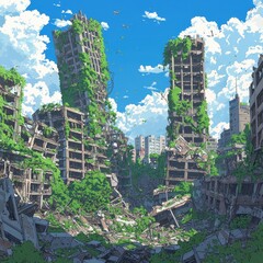 Obraz premium Overgrown Ruins of a City Abandoned Urban Landscape