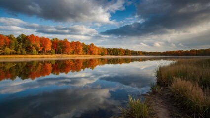 Autumn's Mirror: A Tranquil Lake Embraces Fall's Fiery Palette