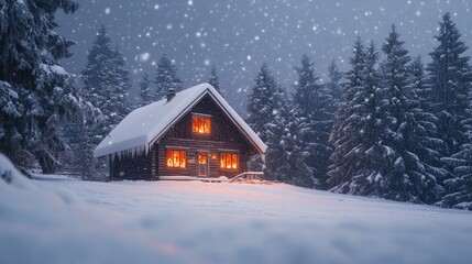 Cozy Snowy Winter Cabin in Forest with Warm Glowing Windows at Dusk