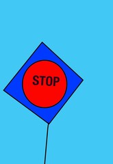 A digital design of a colored STOP sign in the shape of a circle in a square in a blue background, 