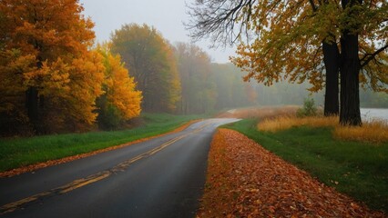 Obraz premium Misty Autumn Journey: Embracing the Serene Beauty of Fall
