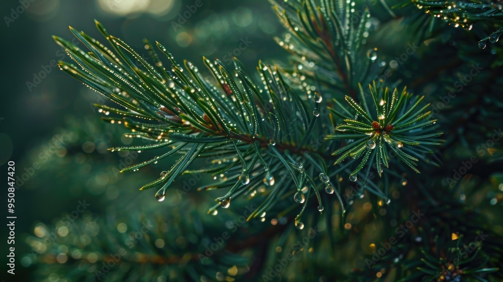 Poster a close-up shot of a pine tree covered in water droplets, great for use in nature and environment-th