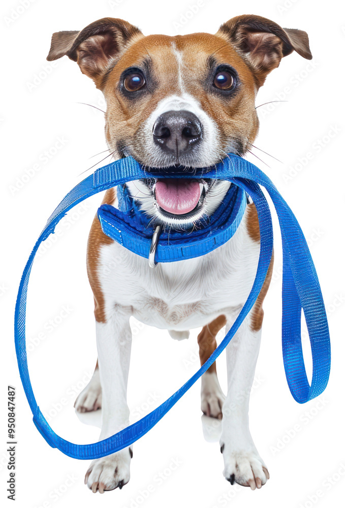 Sticker PNG Happy dog holding blue leash