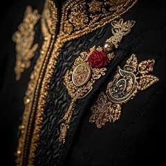 Black Velvet Fabric with Golden Floral Embroidery and Red Rose Detail