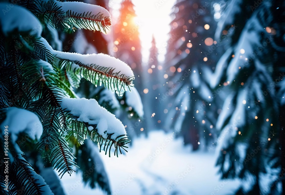 Poster a serene spruce forest blanketed in winter snow, showcasing frosted trees and gentle snowfall, creat