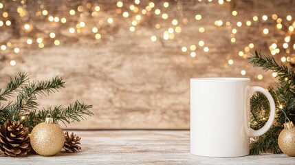 White Mug Mockup with Christmas Decorations on Wooden Table