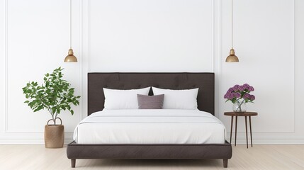 Modern Bedroom with Dark Bed Frame, Pendant Lighting, and Indoor Plants, Minimalistic and Elegant Interior Design Featuring Copyspace, Perfect for Real Estate or Home Decor Marketing.

