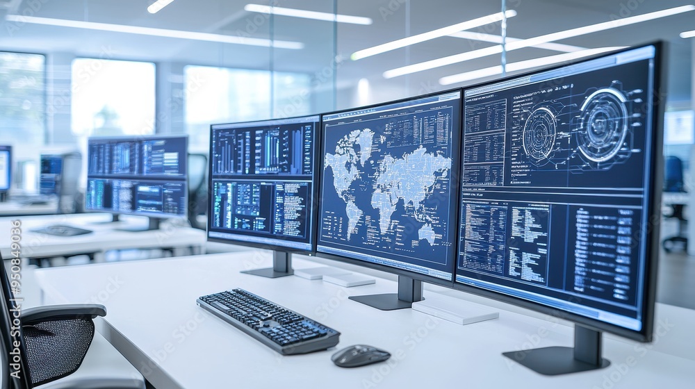 Poster modern office workspace with world map and data screens