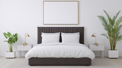 Stylish Bedroom with Dark Bed Frame, White Bedding, and Plants, Minimalistic Interior Design Featuring Copyspace, Ideal for Home Decor, Real Estate, or Interior Styling Projects.

