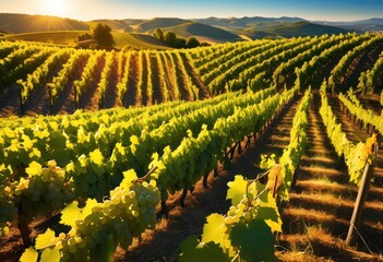 Fototapeta premium vibrant vineyard landscape showcasing glowing grape vines under clear sky lush green field, agriculture, grapevines, grapes, nature, farm, sunlight, rural