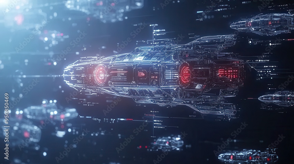 Poster futuristic spaceship hologram with digital interface