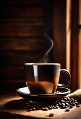 Fototapeta premium stylish modern coffee cup resting textured wooden surface creating warm inviting atmosphere, barista, brew, beverage, espresso, drink, mug, saucer, ceramic