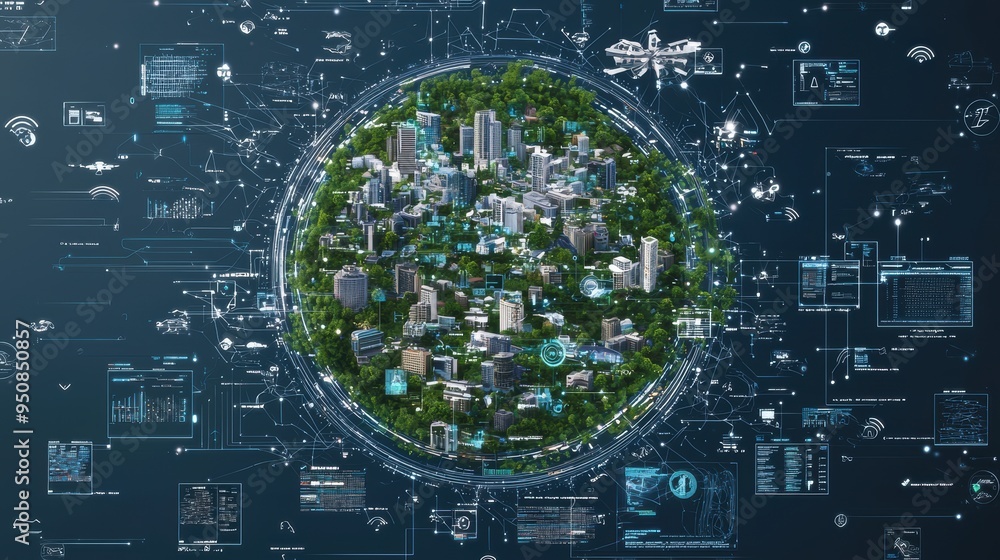 Poster futuristic telecommunication interface, integrating advanced software for real-time data management 