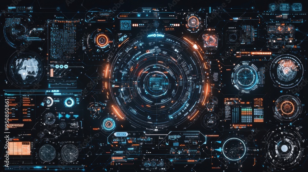 Poster futuristic telecommunication interface, integrating advanced software for real-time data management 