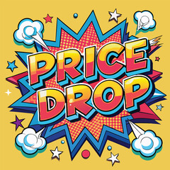 Vector Template in Comic Book-Style Illustration Featuring 'Price Drop!' in Speech Bubbles, Thunder Sign, and Bold Colors, Ideal for Retail and Online Shop Promotions