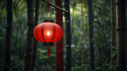 close up of red lantern hanging with bamboo forest background