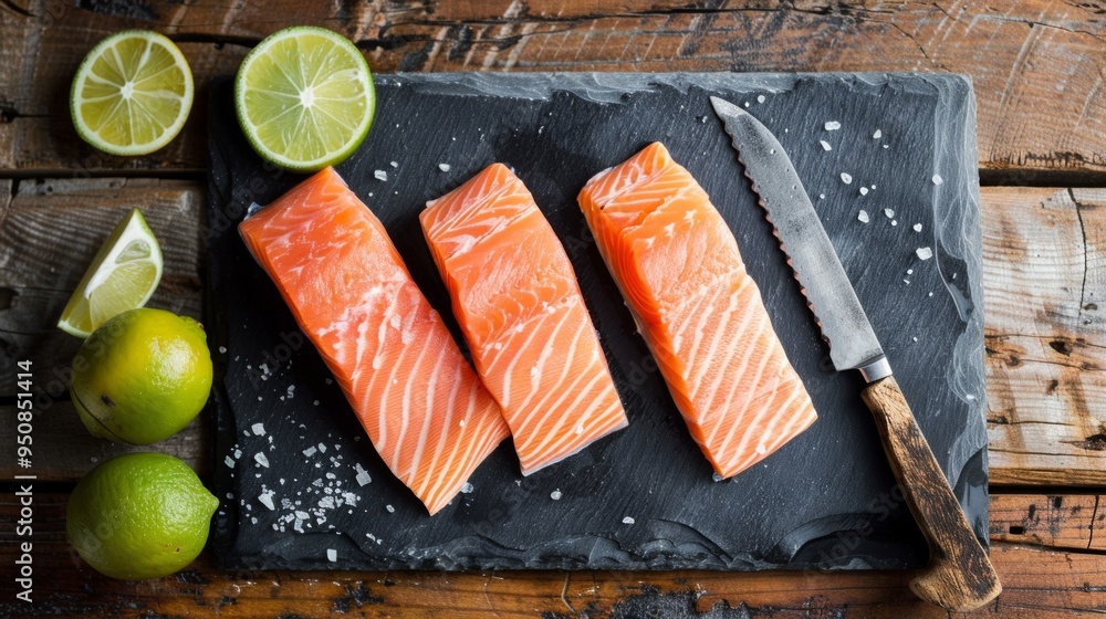 Aufkleber fresh salmon fillets on a rustic slate board. bright lime slices add color and flavor. perfect for h