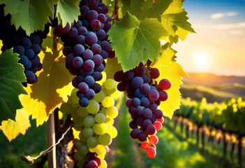 Fototapeta premium vibrant vineyard landscape featuring sunlit grape clusters amidst lush greenery rolling hills, agriculture, biodynamic, countryside, cultivation, crops