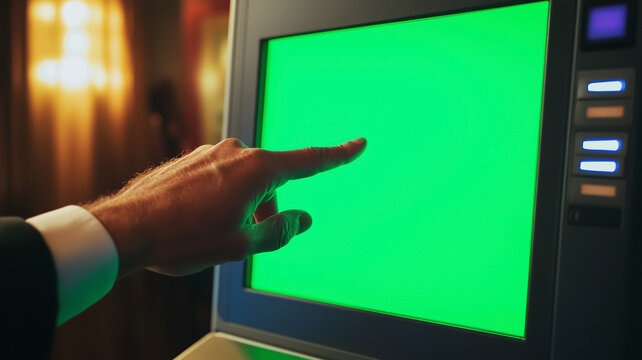 Young business man's hand using a touchscreen on a voting machine during a USA presidential election. The touch screen is a chroma key green screen.