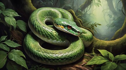 Obraz premium serpent twisting around a mighty oak tree in the wild