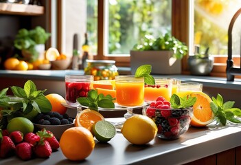 vibrant drink ingredients beautifully organized kitchen counter bright colors fresh components, beverages, cocktails, drinks, colorful, fruits