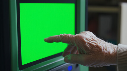 Obraz premium Elderly woman's hand using a touchscreen on a voting machine during a USA presidential election. The touch screen is a chroma key green screen.